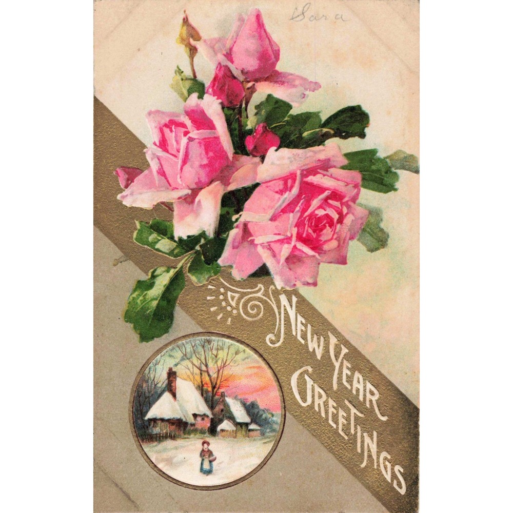 Vintage New Year Greetings Postcard Pink Roses Winter Cottage Scene Germany VG - Picture 1 of 2
